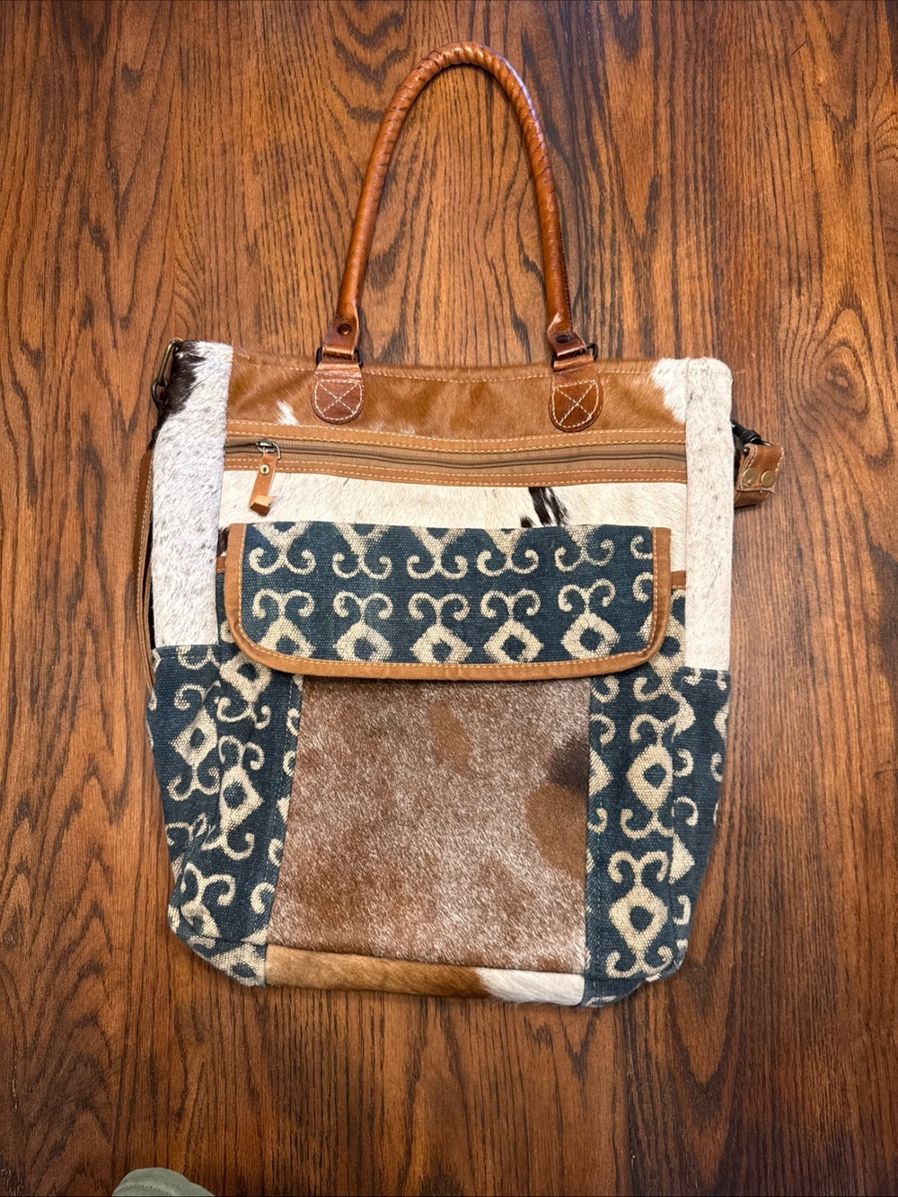 Beautiful Woman’s Animal Hide and Fabric Shoulder Bag / Tote